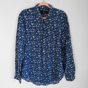 Ralph Lauren Luxury Linen Shirt Men's Large Blue Floral Button Down Long Sleeve